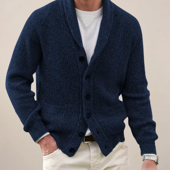 Herren Strickjacke Schalkragen Knopfleiste Rippenstrick - Marineblau