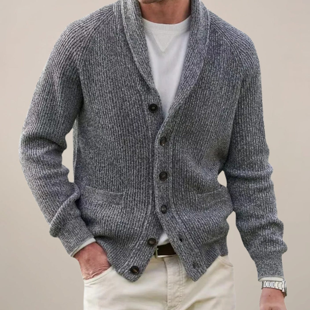 Herren Strickjacke Schalkragen Knopfleiste Rippenstrick - Grau