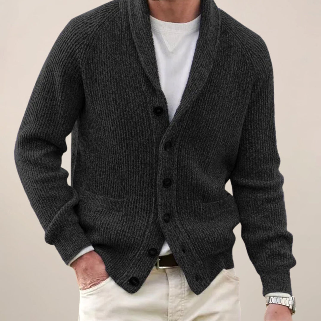 Herren Strickjacke Schalkragen Knopfleiste Rippenstrick - Schwarz