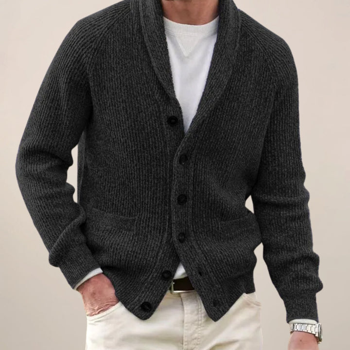 Herren Strickjacke Schalkragen Knopfleiste Rippenstrick - Schwarz