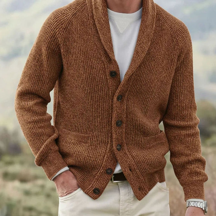 Herren Strickjacke Schalkragen Knopfleiste Rippenstrick - Braun