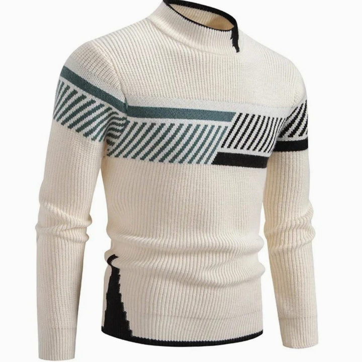 Herren Strickpullover mit Geometrischem Muster Halbkragen Langarm - Beigestreifen