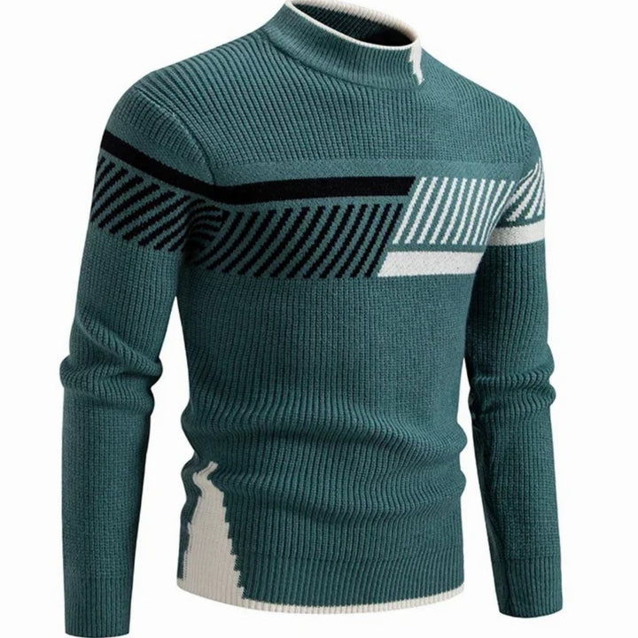 Herren Strickpullover mit Geometrischem Muster Halbkragen Langarm - Grüner Streifen