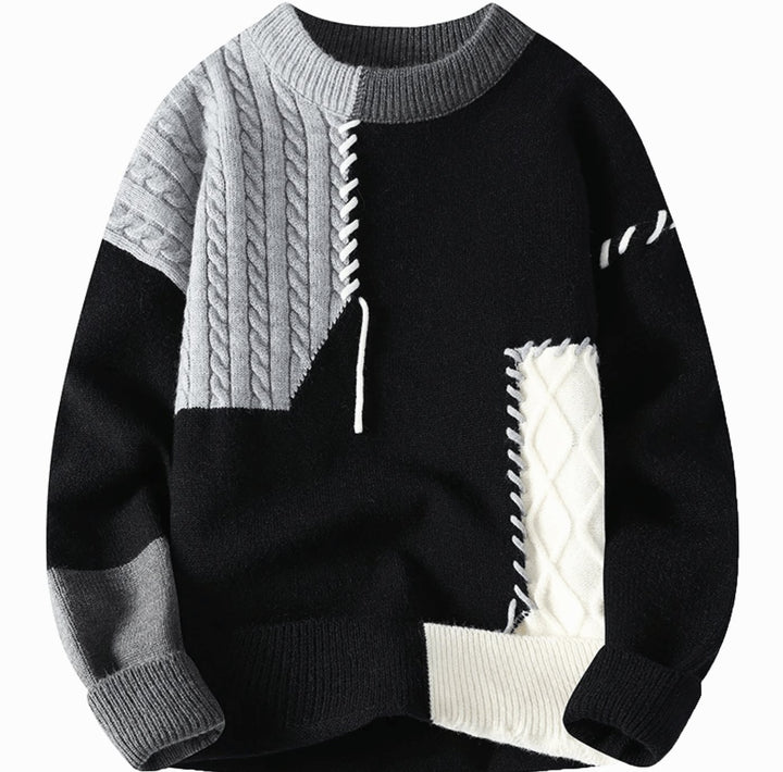 Herren Strickpullover mit Patch-Design Rundhals Colorblock - Schwarz