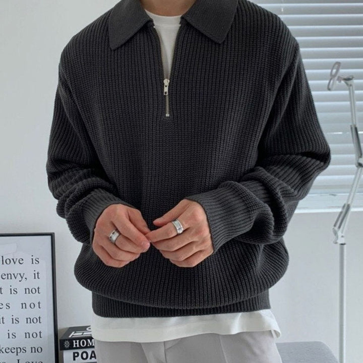 Herren Strukturierter Strickpullover mit langen Ärmeln Viertelreißverschluss Polokragen - Schwarz