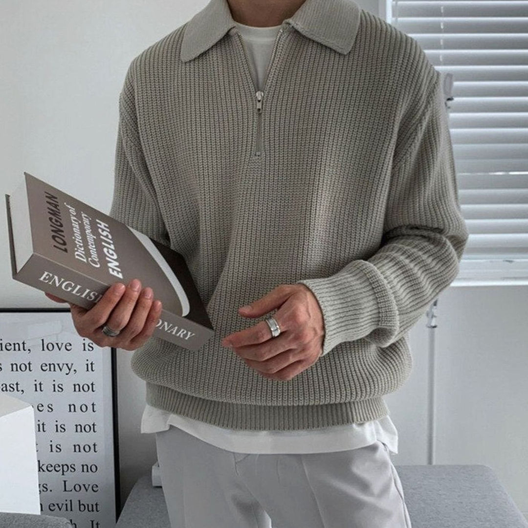 Herren Strukturierter Strickpullover mit langen Ärmeln Viertelreißverschluss Polokragen - Grau