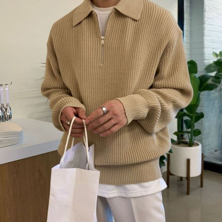 Herren Strukturierter Strickpullover mit langen Ärmeln Viertelreißverschluss Polokragen - Beige