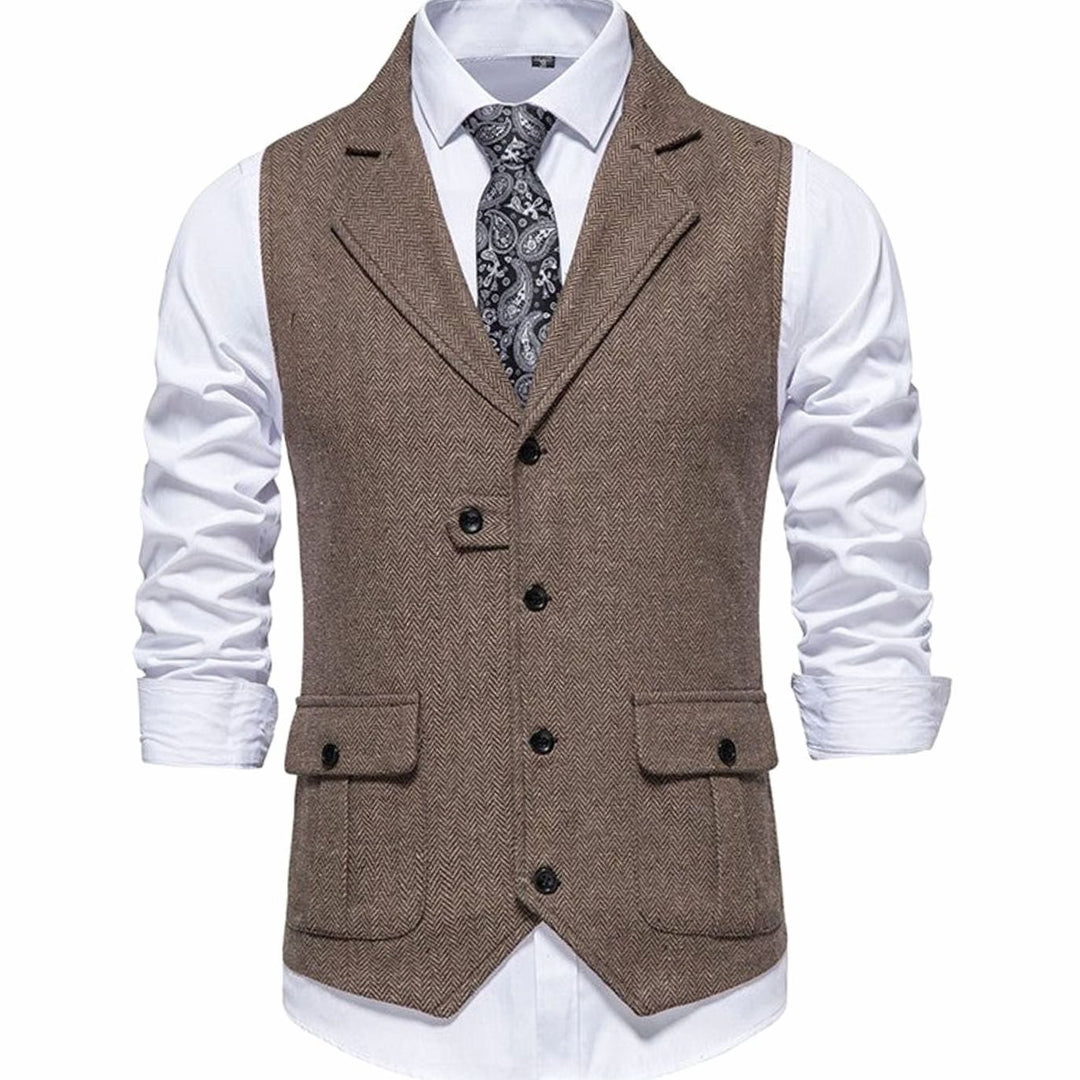 Herren Taillierte Vintage-Weste mit Fischgrätenmuster Revers - Braun