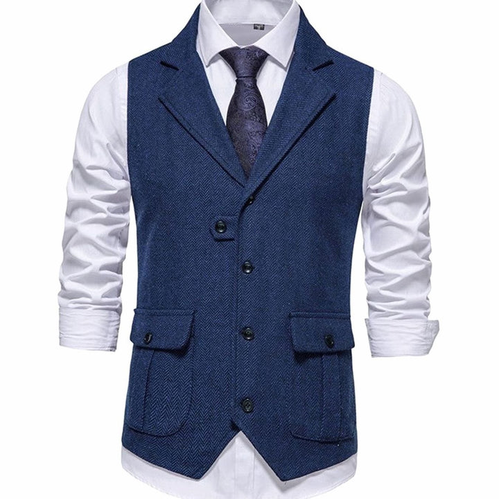 Herren Taillierte Vintage-Weste mit Fischgrätenmuster Revers - Blau