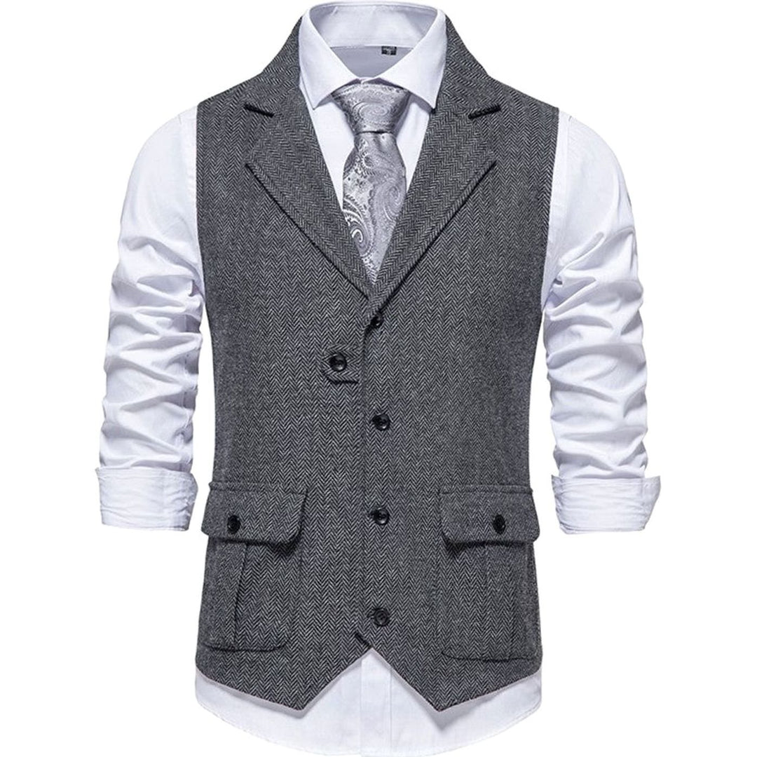 Herren Taillierte Vintage-Weste mit Fischgrätenmuster Revers - Dunkelgrau