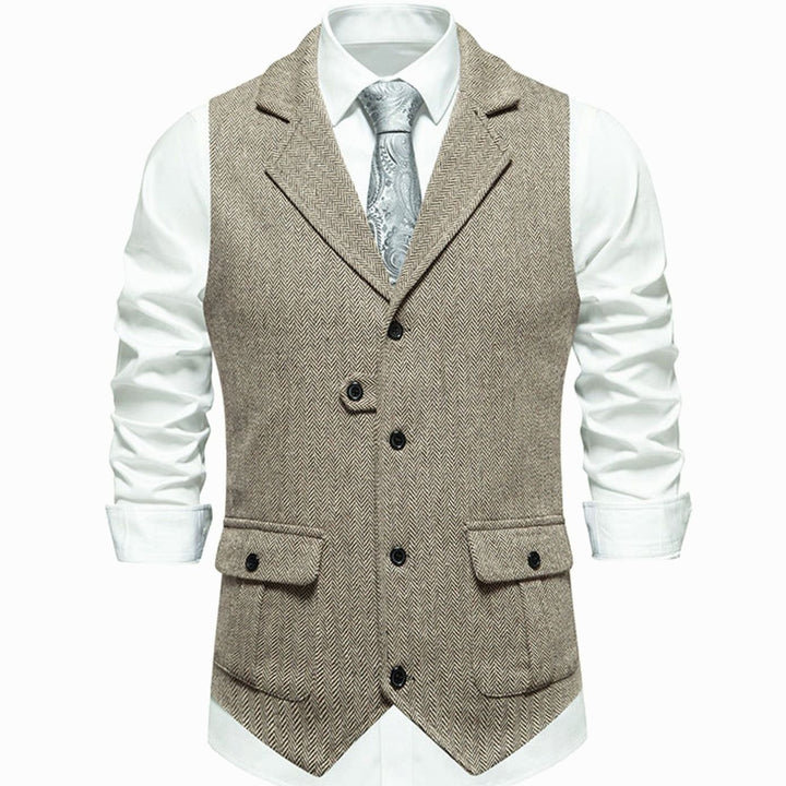 Herren Taillierte Vintage-Weste mit Fischgrätenmuster Revers - Beige