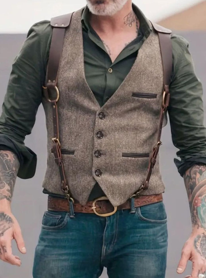 Herren Vintage Weste mit Schnallenriemen und Knöpfen Tailliert - Hellbraun