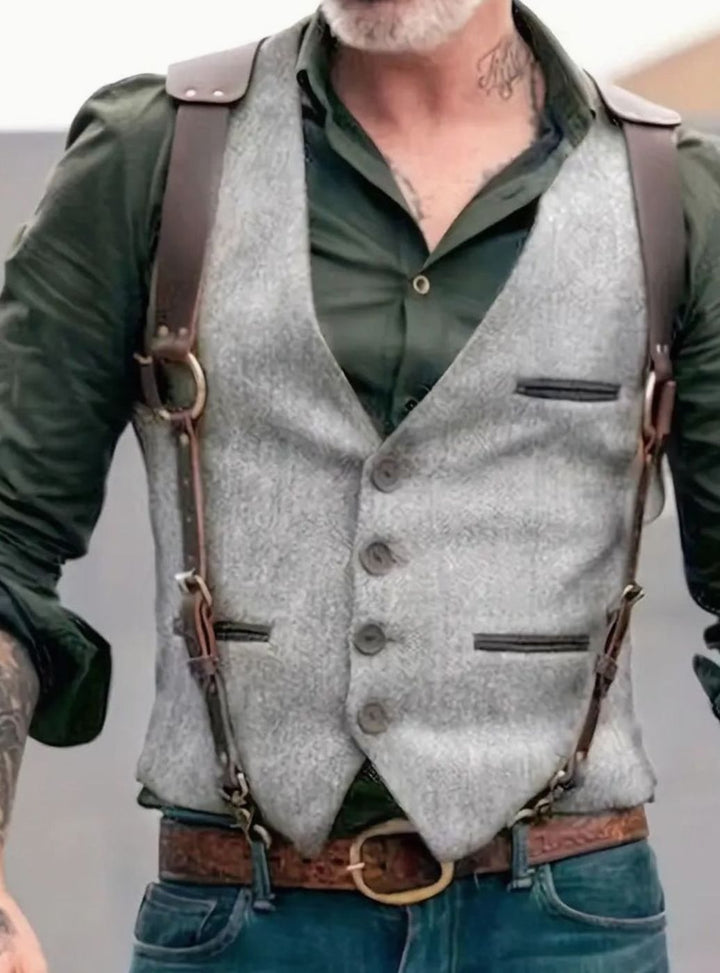 Herren Vintage Weste mit Schnallenriemen und Knöpfen Tailliert - Hellgrau