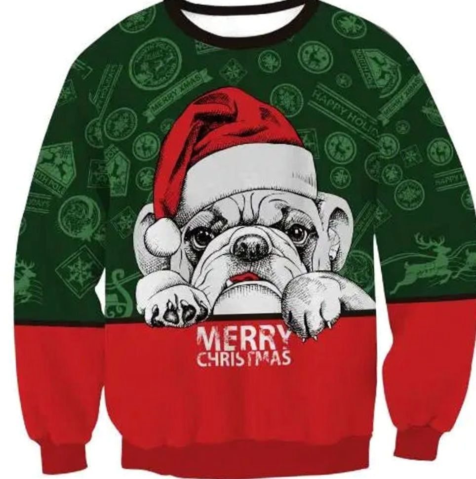 Herren Weihnachtspullover Bulldogge Motiv Rundhals Sweatshirt - Rot 2