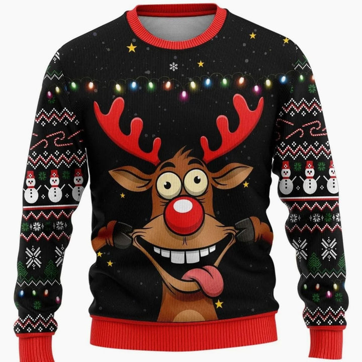 Herren Weihnachtspullover mit Schneemann-Print Rundhals Sweatshirt - Rentier Schwarz