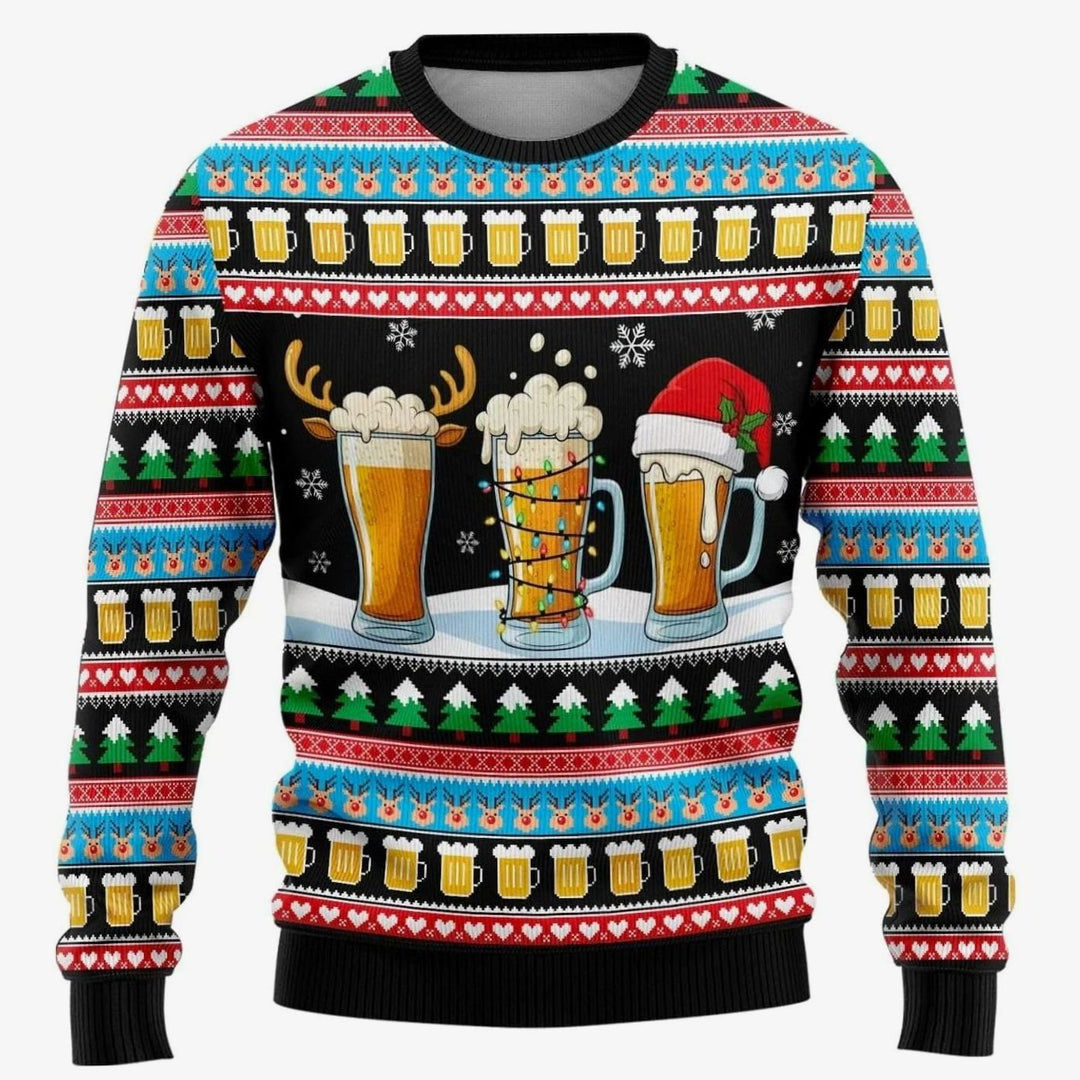 Herren Weihnachtspullover mit Schneemann-Print Rundhals Sweatshirt - Bier Mehrfarbig