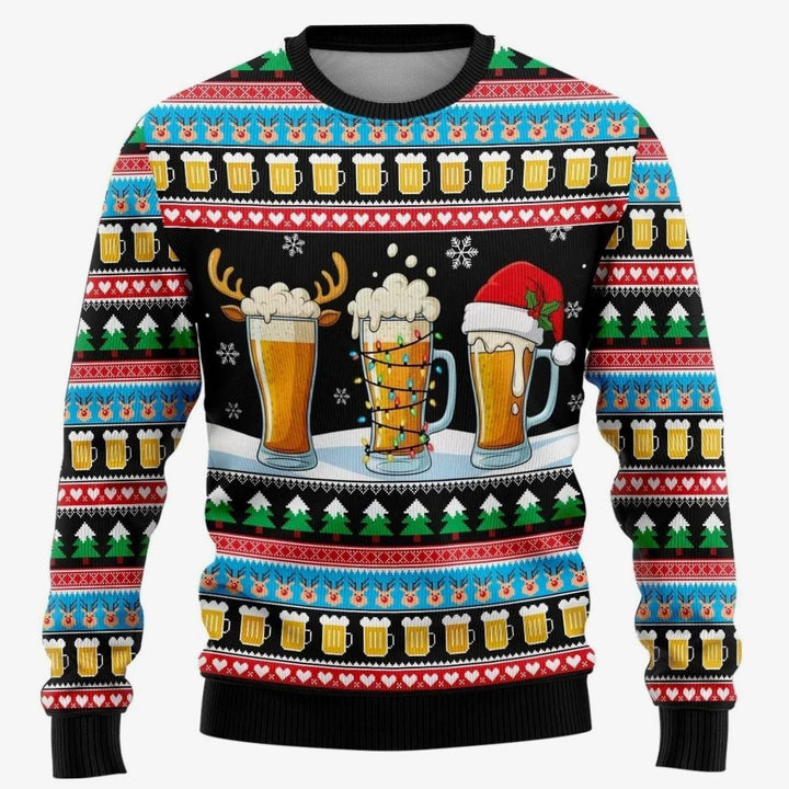 Herren Weihnachtspullover mit Schneemann-Print Rundhals Sweatshirt - Bier Mehrfarbig