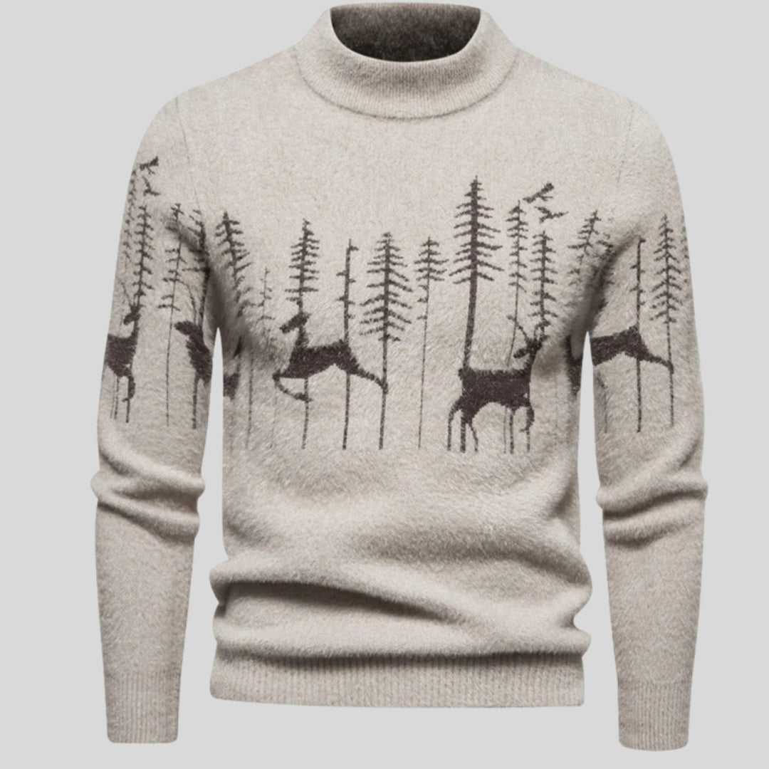 Herren Weihnachtspullover Strickpullover Rentier- und Waldmotiv Halbkragen - Beige