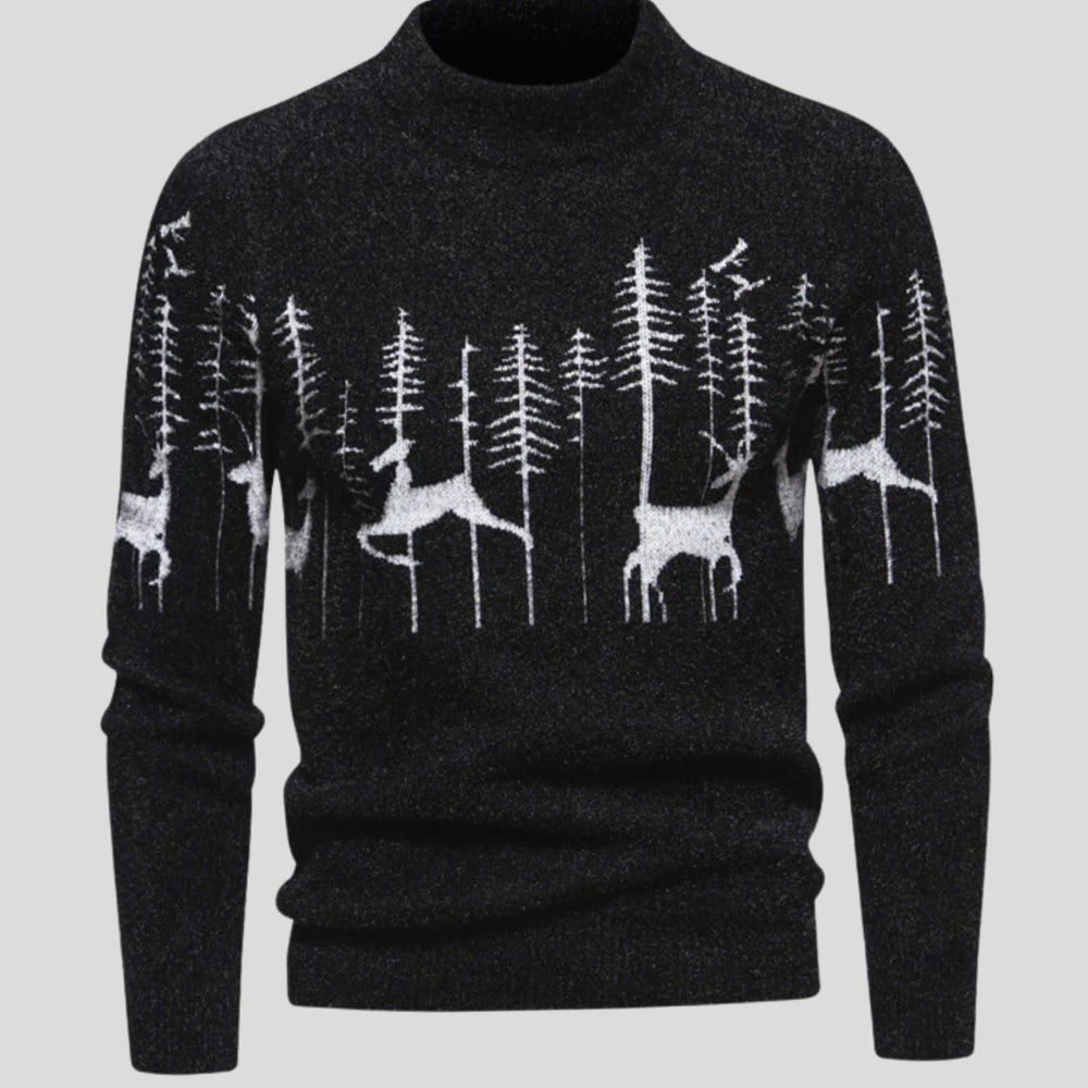 Herren Weihnachtspullover Strickpullover Rentier- und Waldmotiv Halbkragen - Schwarz