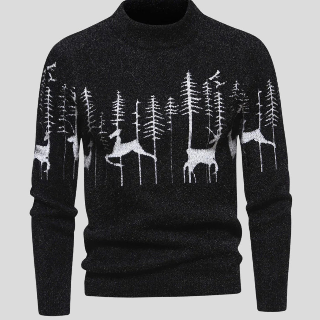 Herren Weihnachtspullover Strickpullover Rentier- und Waldmotiv Halbkragen - Schwarz