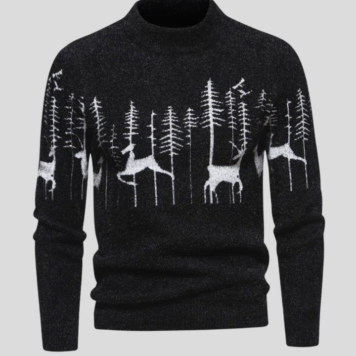 Herren Weihnachtspullover Strickpullover Rentier- und Waldmotiv Halbkragen - Schwarz