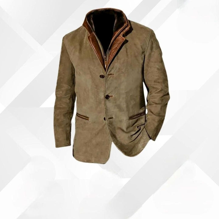 Herren Wildleder-Blazer Knopfleiste vorne Leder-Details lockere Passform - Khaki