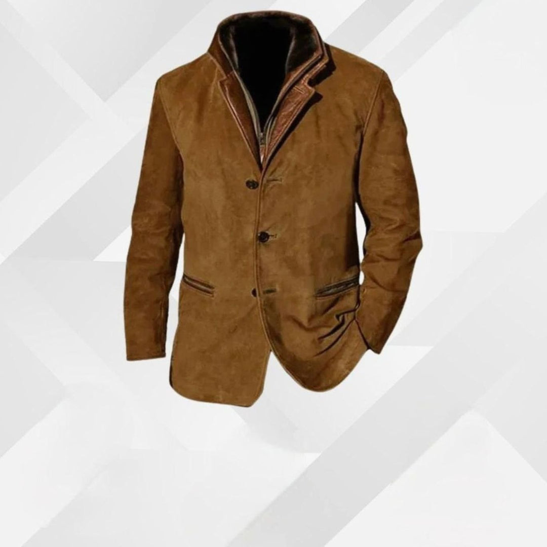 Herren Wildleder-Blazer Knopfleiste vorne Leder-Details lockere Passform - Braun