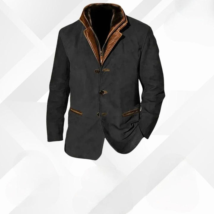 Herren Wildleder-Blazer Knopfleiste vorne Leder-Details lockere Passform - Schwarz