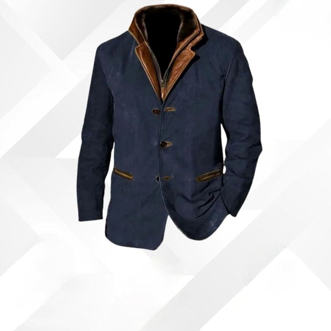 Herren Wildleder-Blazer Knopfleiste vorne Leder-Details lockere Passform - Dunkelblau