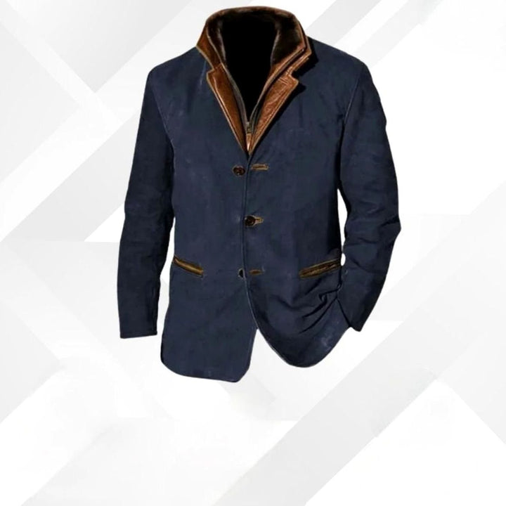 Herren Wildleder-Blazer Knopfleiste vorne Leder-Details lockere Passform - Dunkelblau