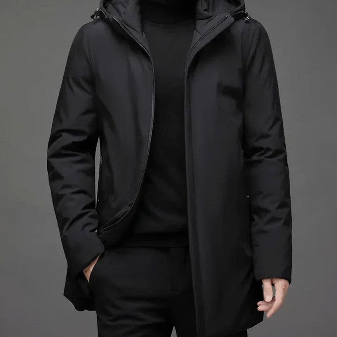 Herren Winterjacke mit hohem Kragen Reißverschluss Kapuze - Schwarz
