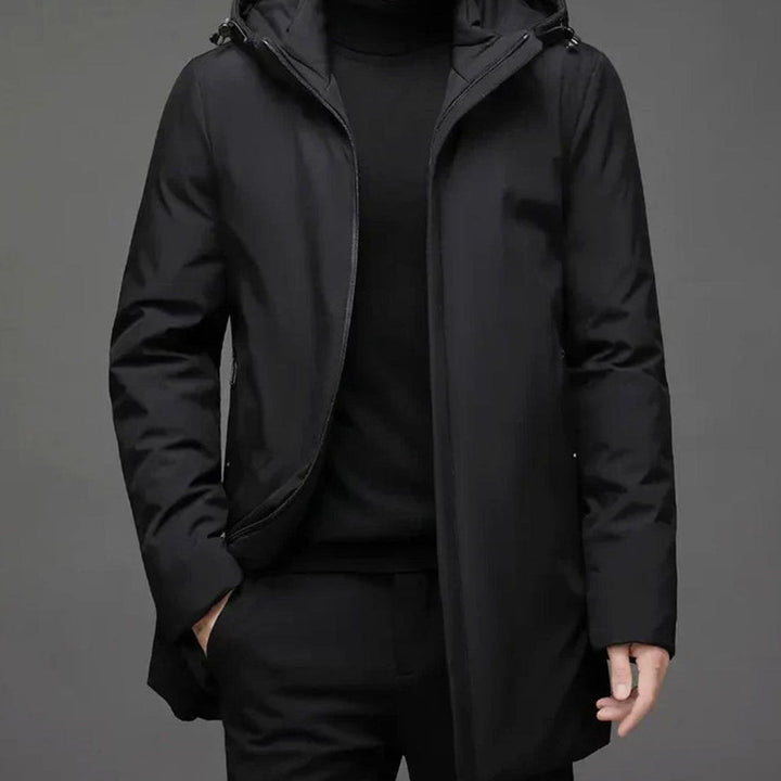 Herren Winterjacke mit hohem Kragen Reißverschluss Kapuze - Schwarz