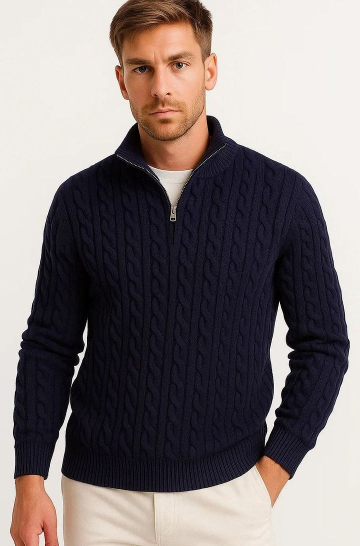 Herren Zopfmuster Strickpullover Reißverschluss am Kragen - Marineblau