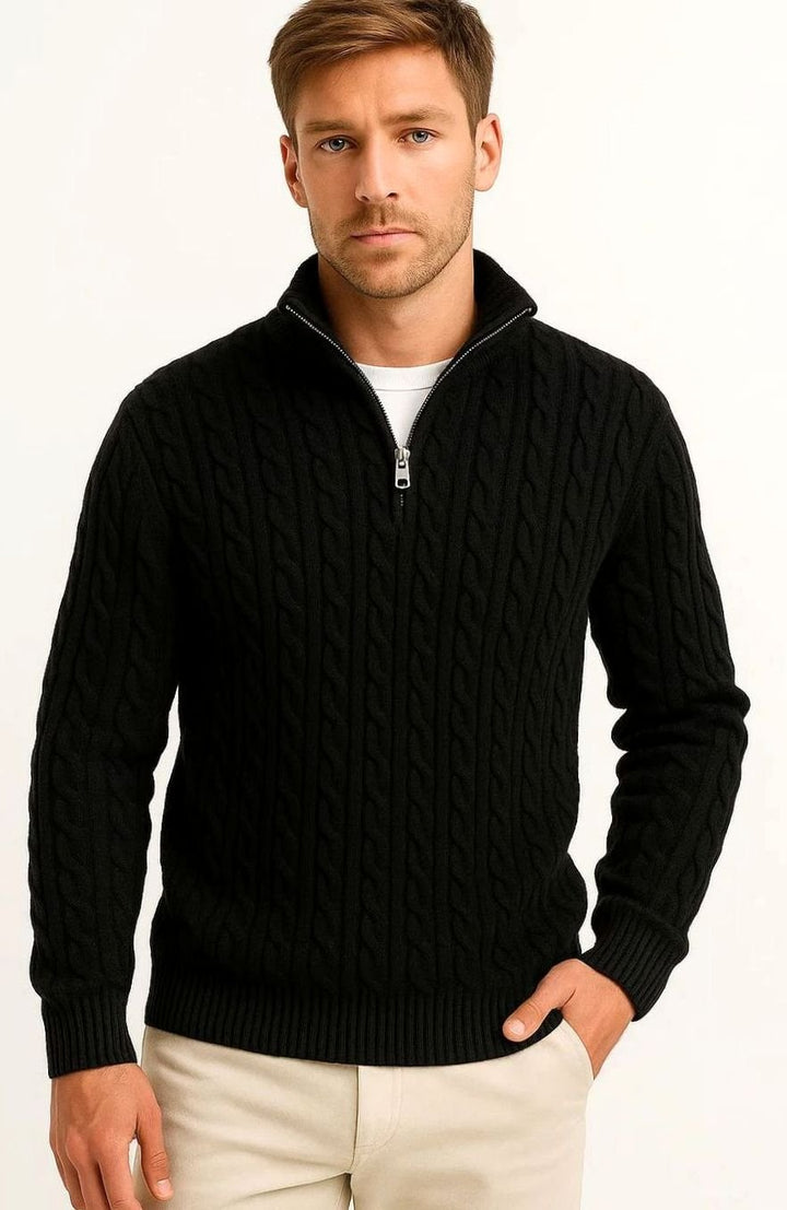 Herren Zopfmuster Strickpullover Reißverschluss am Kragen - Schwarz