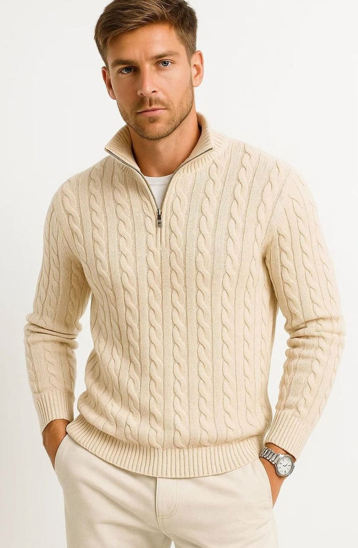Herren Zopfmuster Strickpullover Reißverschluss am Kragen - Vanillebeige