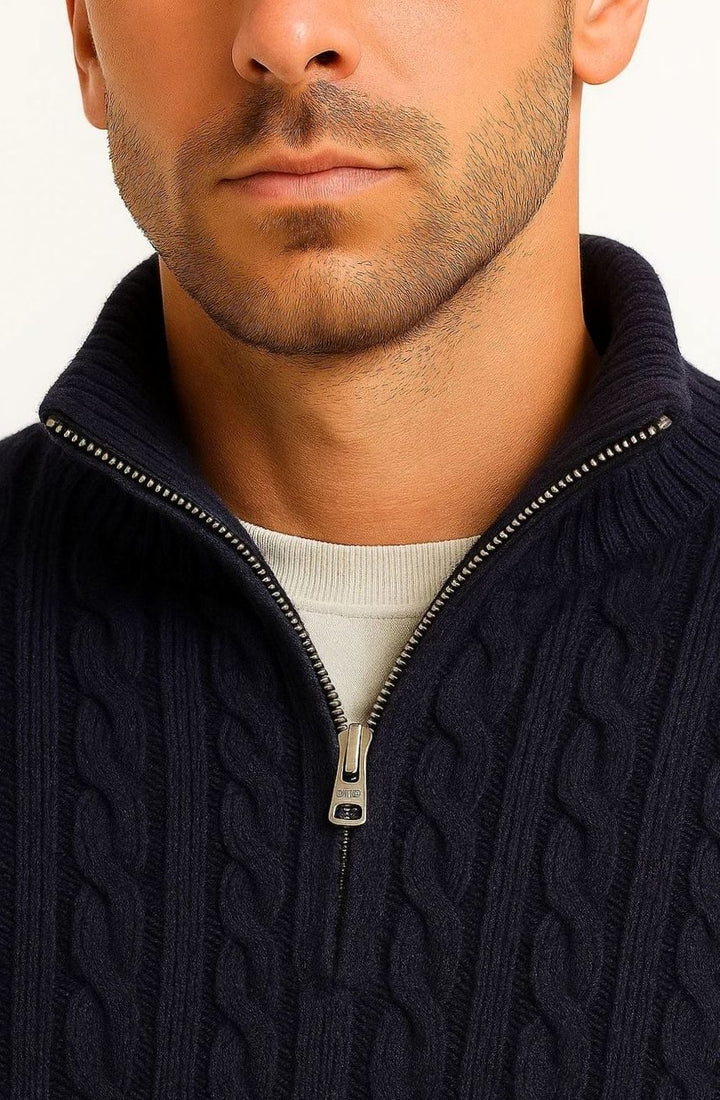 Herren Zopfmuster Strickpullover Reißverschluss am Kragen