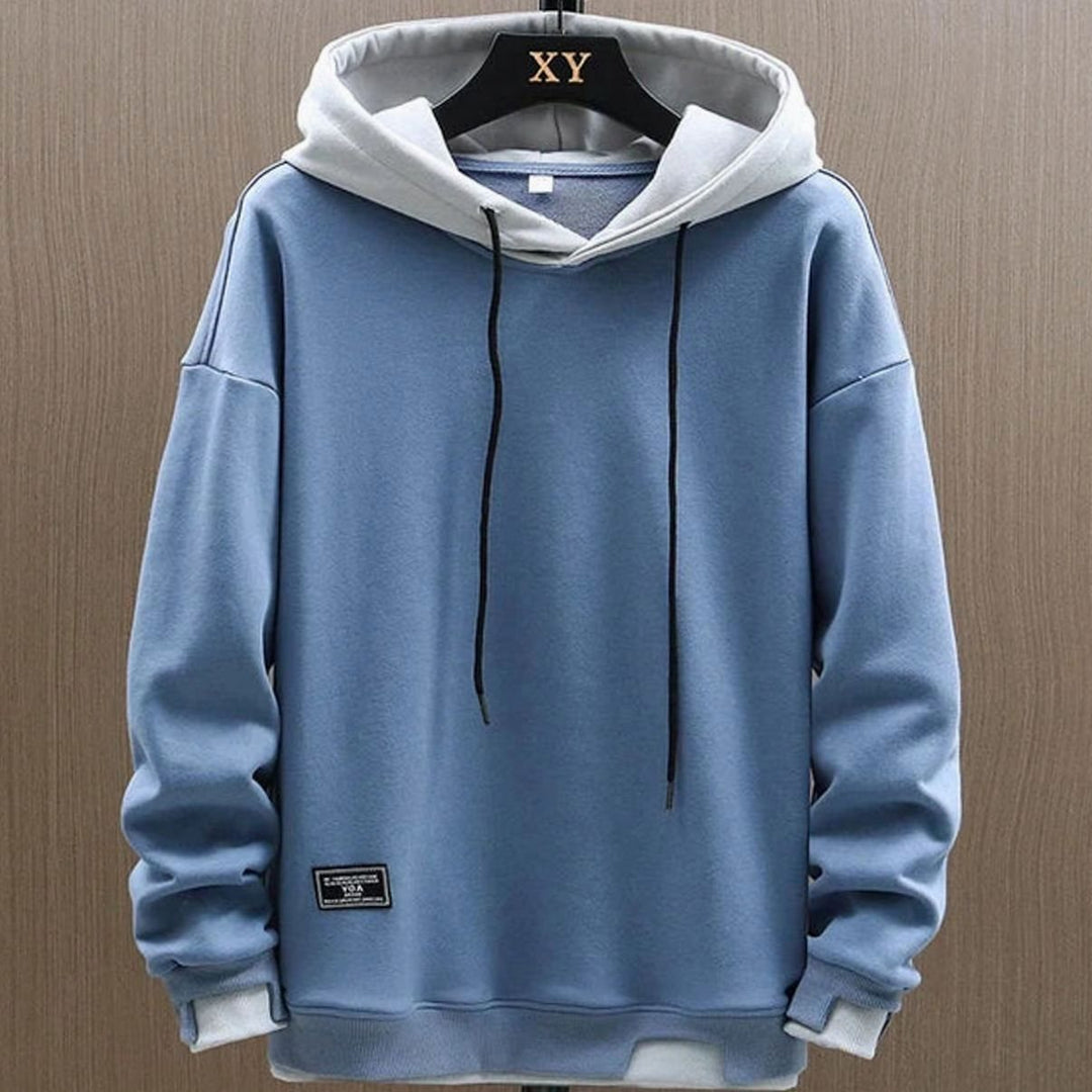 Herren Zweifarbiger Lockerer Pullover Hoodie mit Verstellbarer Kapuze - Blau