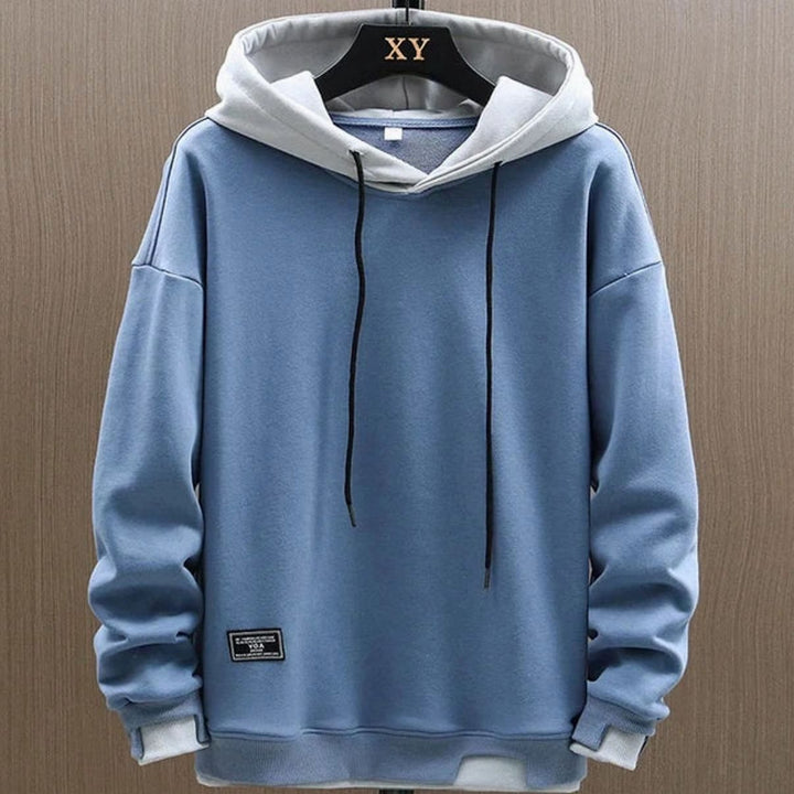 Herren Zweifarbiger Lockerer Pullover Hoodie mit Verstellbarer Kapuze - Blau