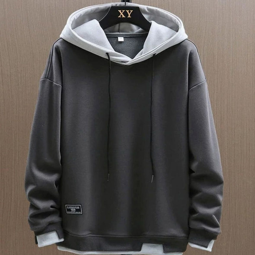 Herren Zweifarbiger Lockerer Pullover Hoodie mit Verstellbarer Kapuze - Grau
