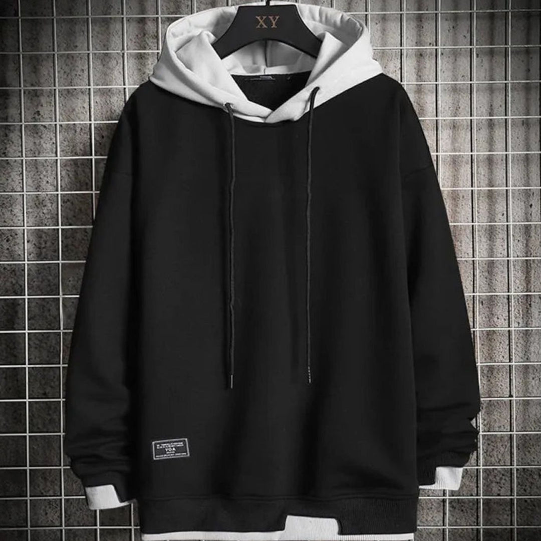 Herren Zweifarbiger Lockerer Pullover Hoodie mit Verstellbarer Kapuze - Schwarz