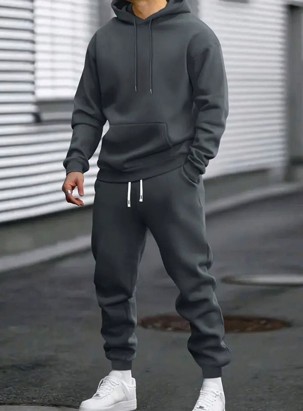 Herren Zweiteiliges Stilvolles Pullover-Set Hoodie Jogginghose - Dunkel Grau