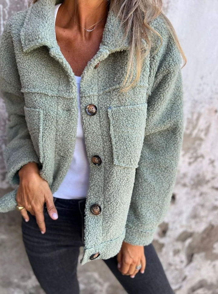 Kuschelige Teddyfell Innenfutter Damen Jacke Oversized Knopfleiste - Grün