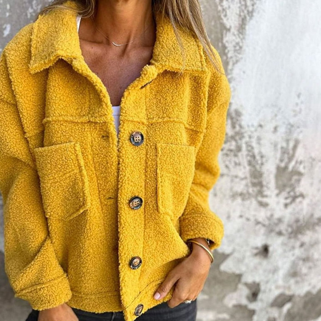 Kuschelige Teddyfell Innenfutter Damen Jacke Oversized Knopfleiste - Gelb