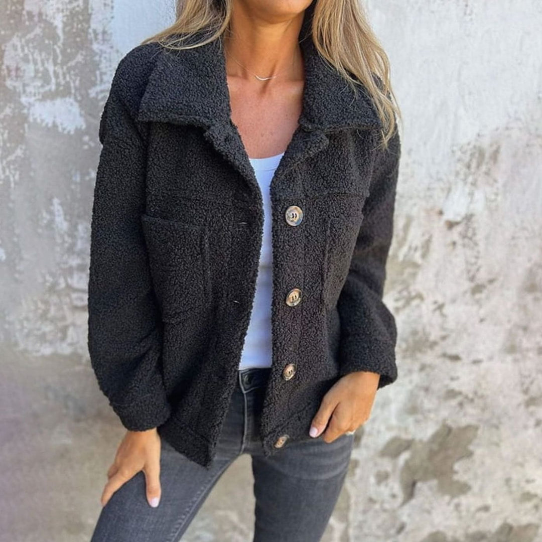 Kuschelige Teddyfell Innenfutter Damen Jacke Oversized Knopfleiste - Schwarz