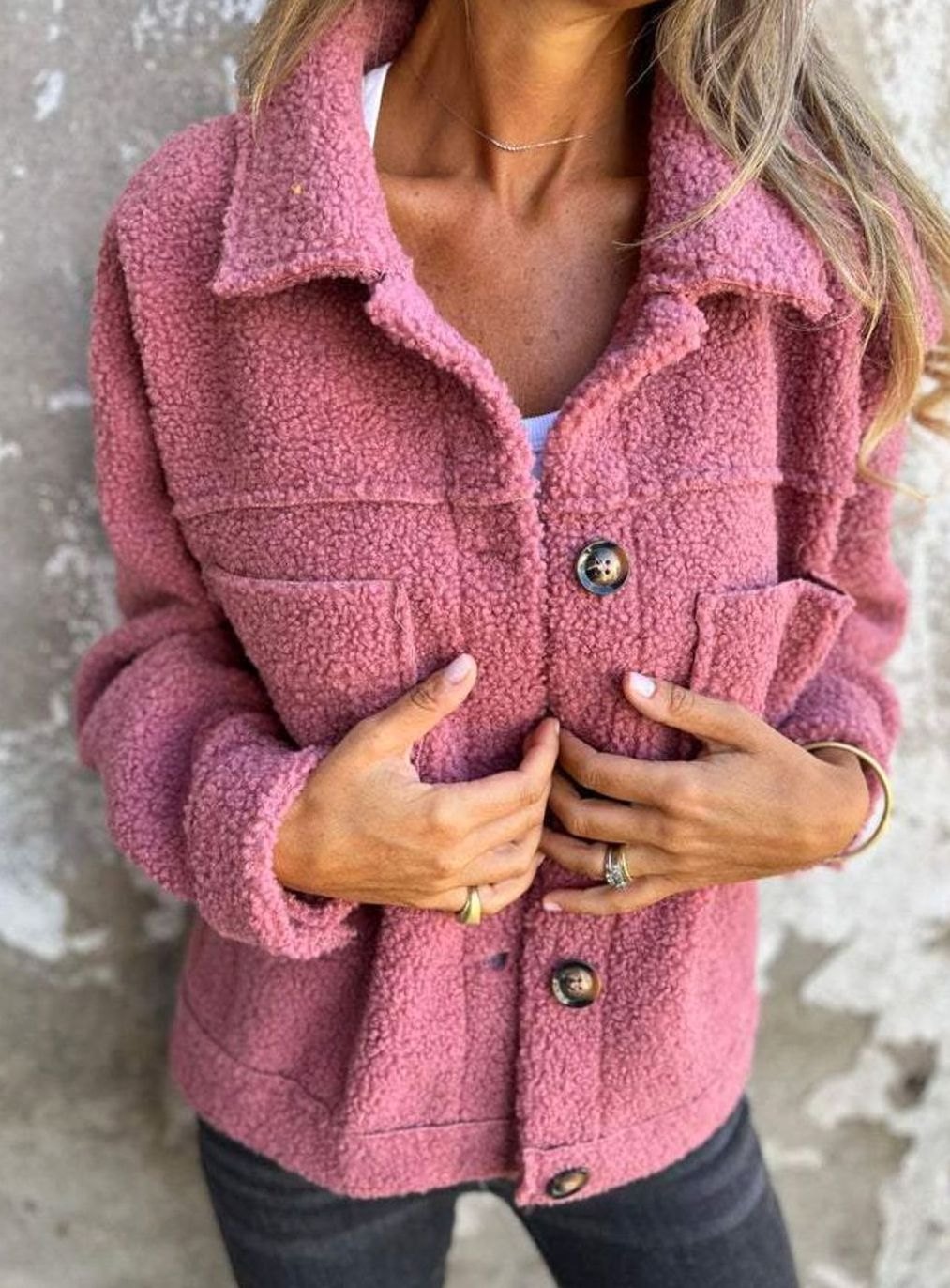 Kuschelige Teddyfell Innenfutter Damen Jacke Oversized Knopfleiste - Rosa