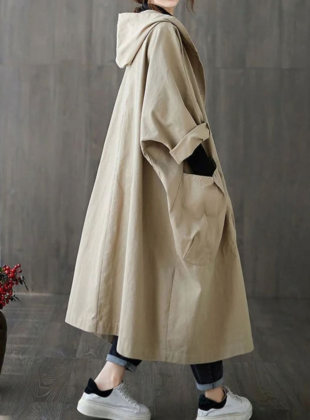 Langer wasserdichter Damen-Regenmantel mit Kapuze A-Linie Oversized - Beige
