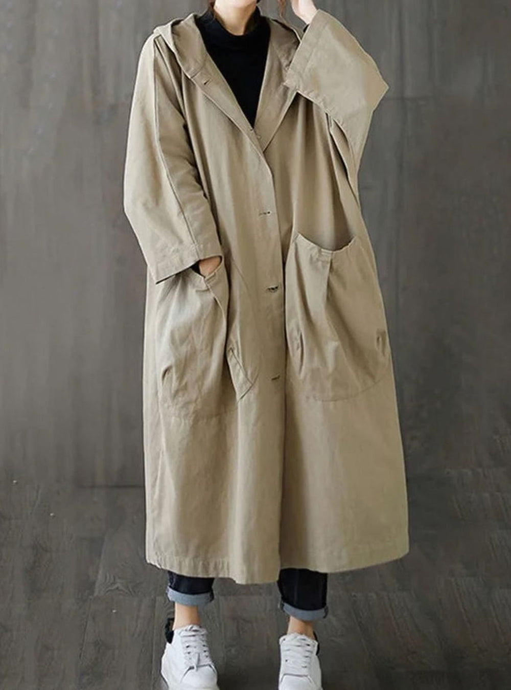 Langer wasserdichter Damen-Regenmantel mit Kapuze A-Linie Oversized