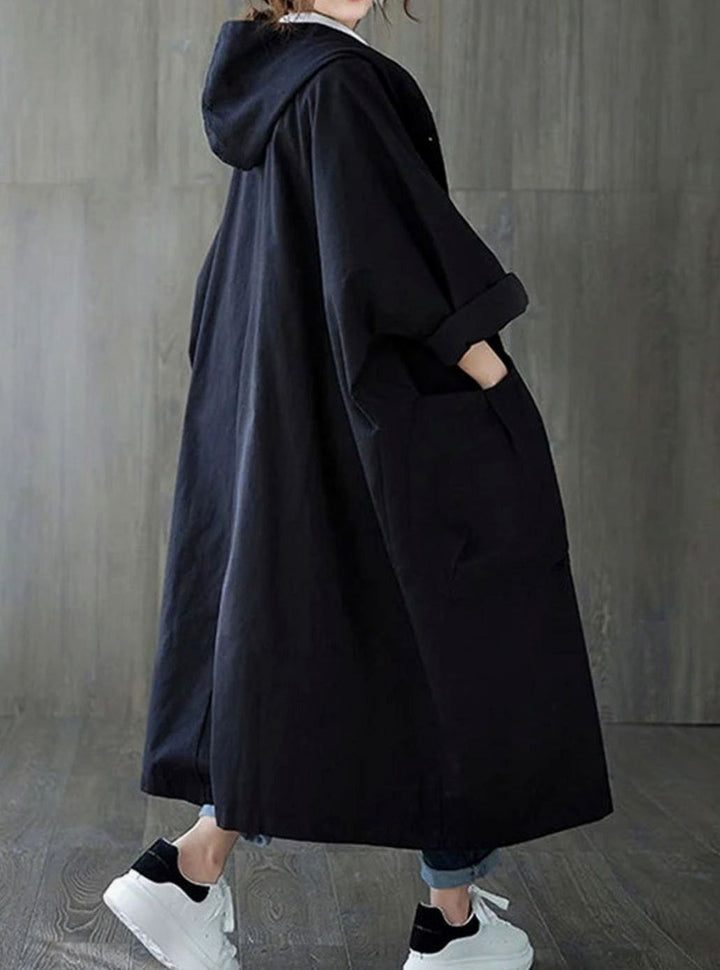 Langer wasserdichter Damen-Regenmantel mit Kapuze A-Linie Oversized - Schwarz