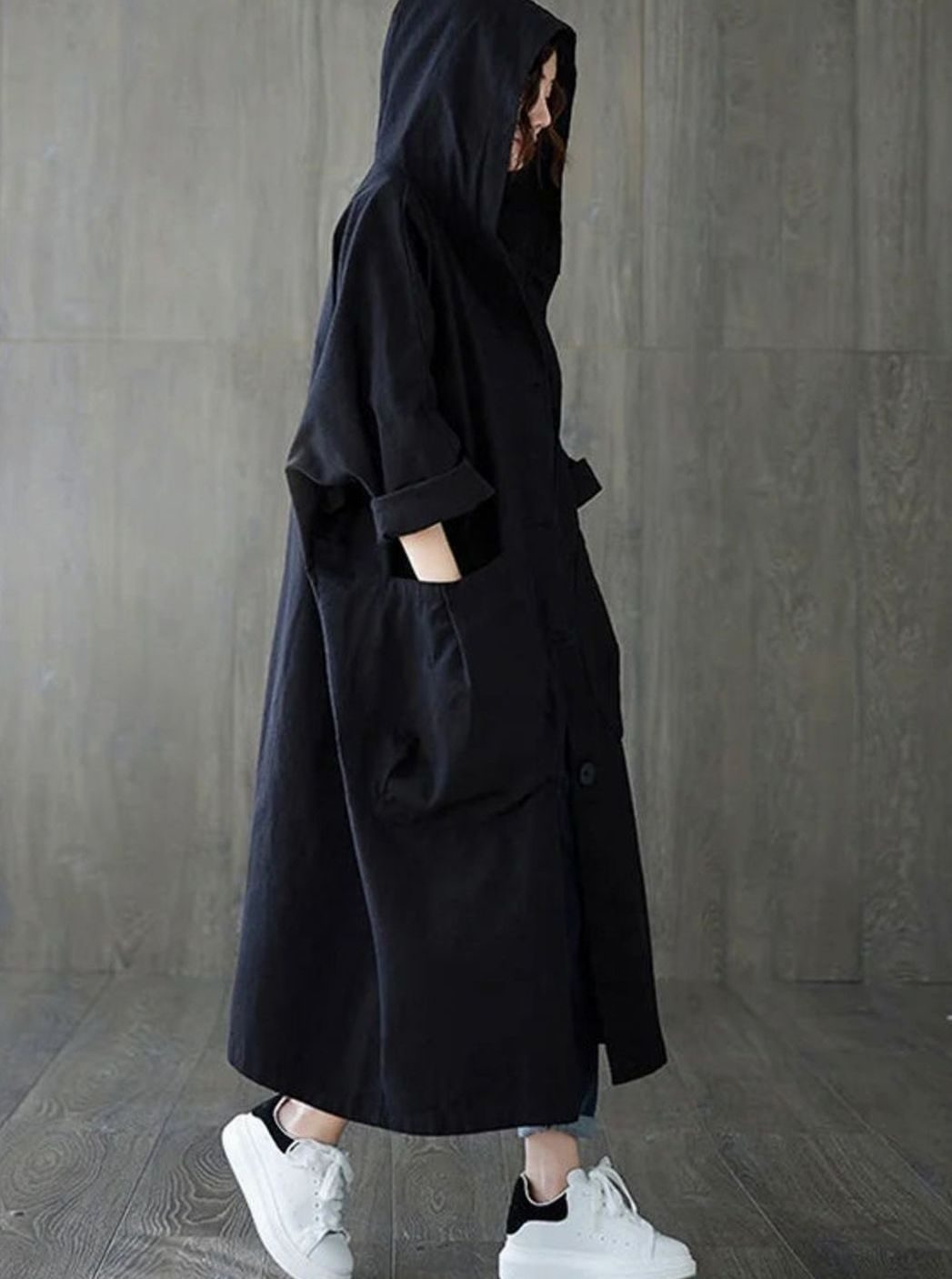 Langer wasserdichter Damen-Regenmantel mit Kapuze A-Linie Oversized