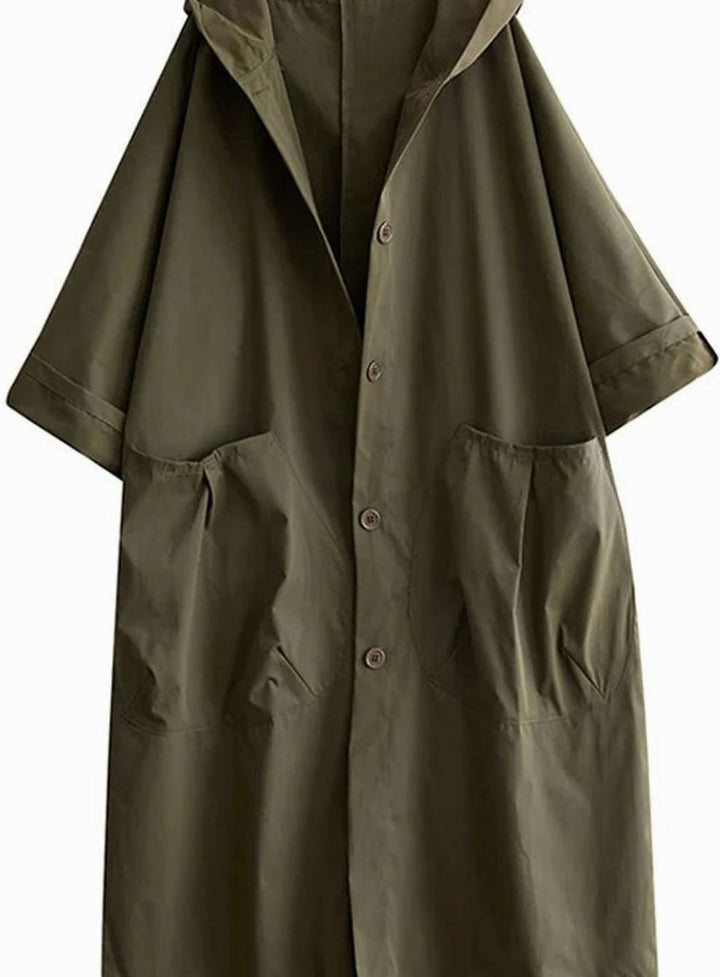 Langer wasserdichter Damen-Regenmantel mit Kapuze A-Linie Oversized - Grün